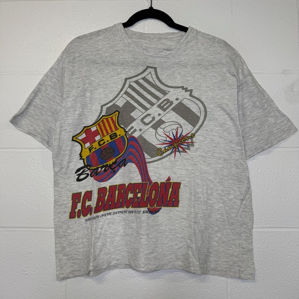 FCB Barcelona AOP Vintage 90s Soccer T-Shirt Size L Football World Cup